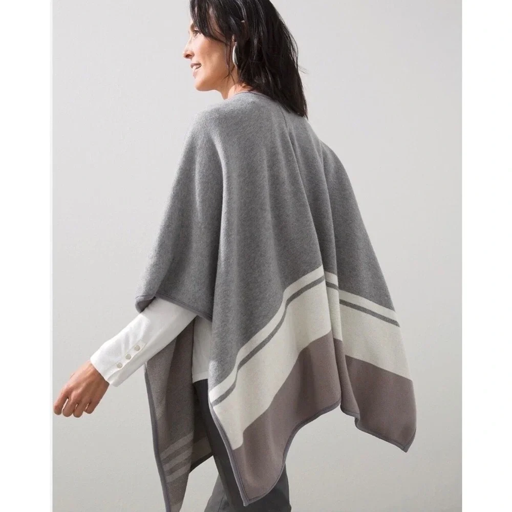 Chicos NWT Colorblock Stripe Ruana Moon Shade Gray L/XL Wrap Poncho Retail 149